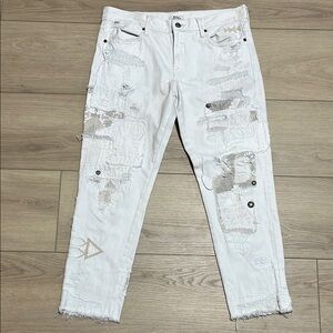 Polo Ralph Lauren White Distressed Patchwork Jeans Pants Size 29 Grunge Boho